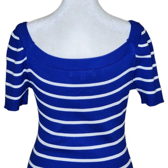 Almost Famous Ribbed Midi Dress Women's Large Cobalt Blue White Stripe Bodycon - Picture 5 of 11